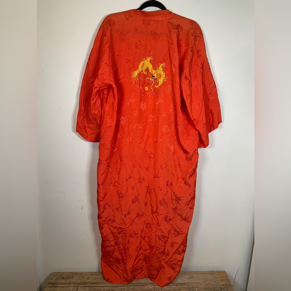 Vintage Golden Bee Red Dragon Embroidered Kimono Robe